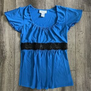 Chadwick's Women's S Belted Blouse Short Sleeve Shirt Blue Black Casual Top